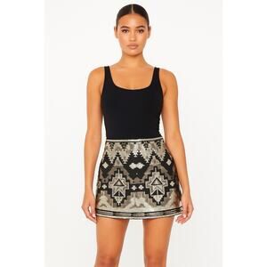 Women's Express Aztec Print Black Silver Sequin Mini Skirt Bodycon Party XS/TP